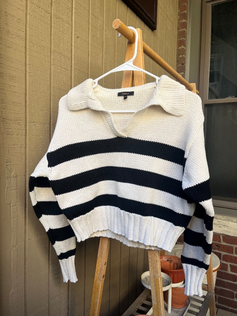 Quince 100% Organic Cropped Cotton Polo Sweater in Black and White, XS